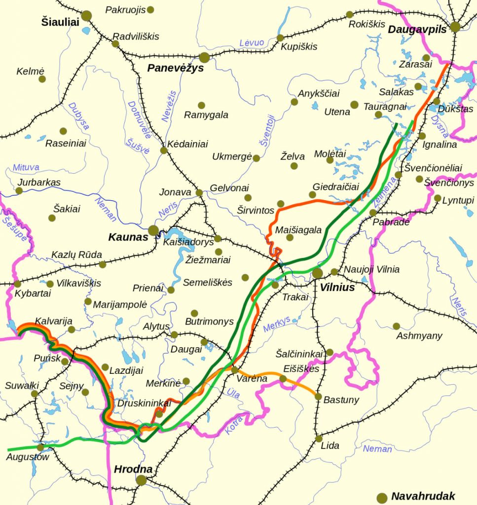 Pink - Current borderline, Red Polish demarcation line during 1920/30s